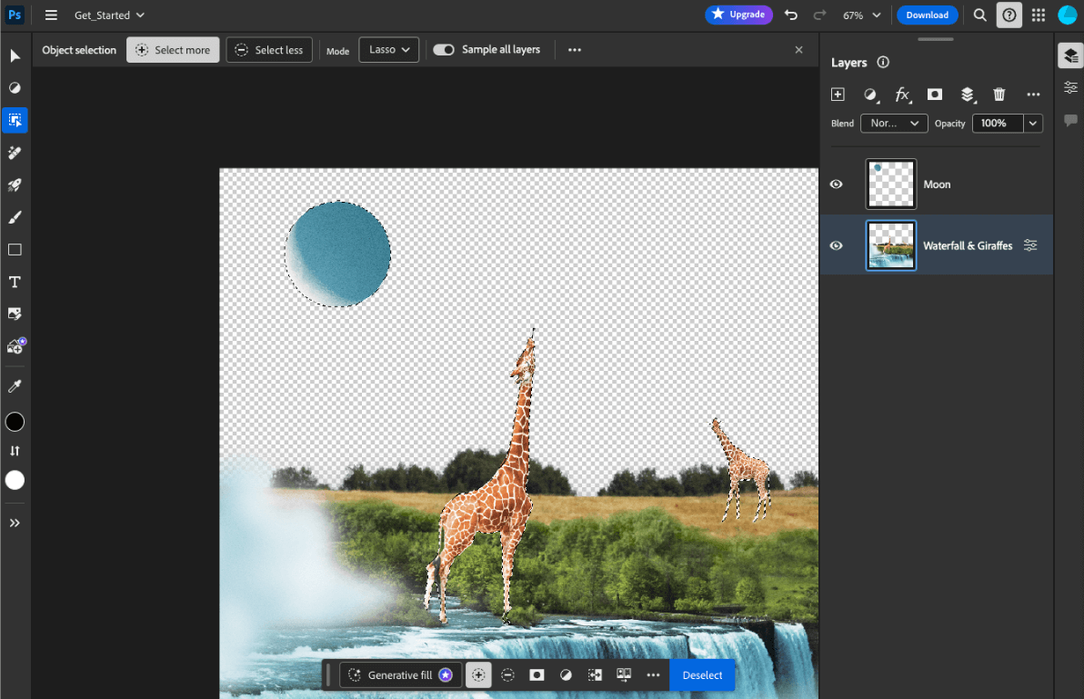 Adobe Photoshop w przeglądarce z otwartym narzędziem do zaznaczania obiektów opartym na AI, z 3 wybranymi obiektami: 2 żyrafami i księżycem.