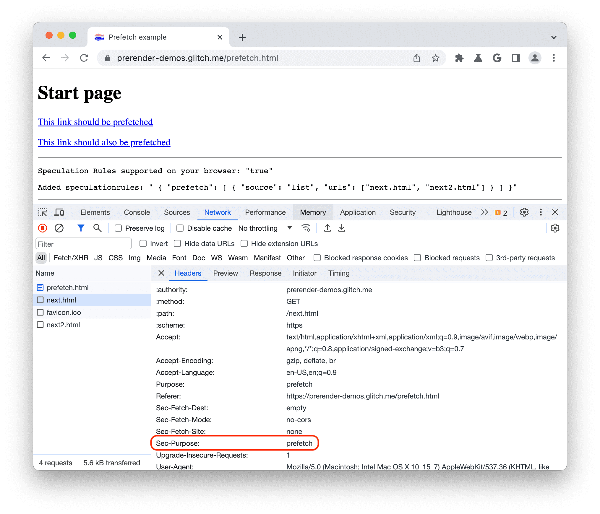O Chrome DevTools faz precarregar cabeçalhos com o Sec-Purpose definido para precarregar.