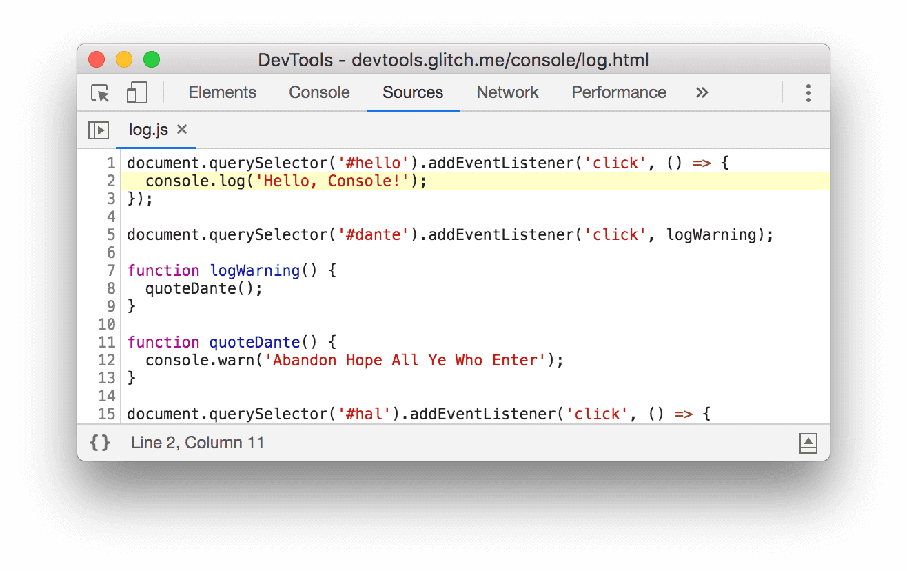 log.js:2를 클릭하면 DevTools에서 소스 패널이 열립니다.