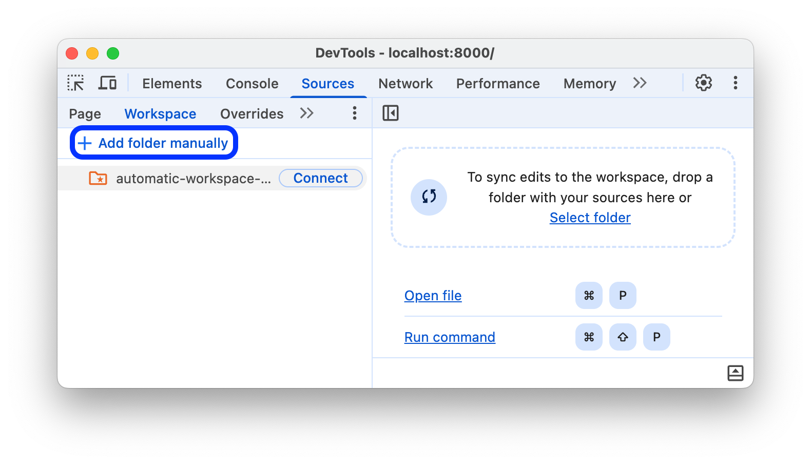 Workspace 탭의 &#39;Add folder manually&#39;(폴더 수동 추가) 버튼