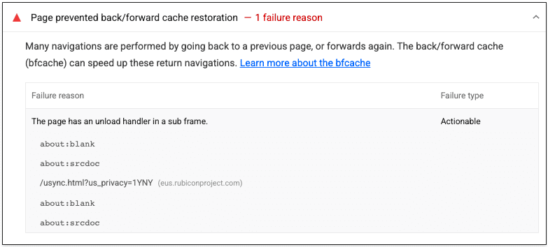 Contoh hasil dari audit back/forward cache Lighthouse